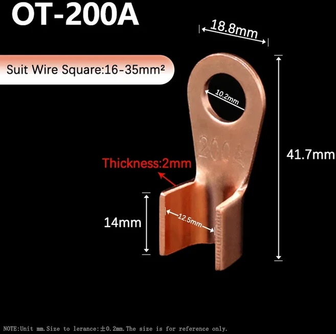 OT 시리즈 와이어 터미널 빨간색 구리 베어 코 러그 크림프 오픈 마우스 케이블 커넥터 스플라이스 100A, 07 200A, 06 2 pieces