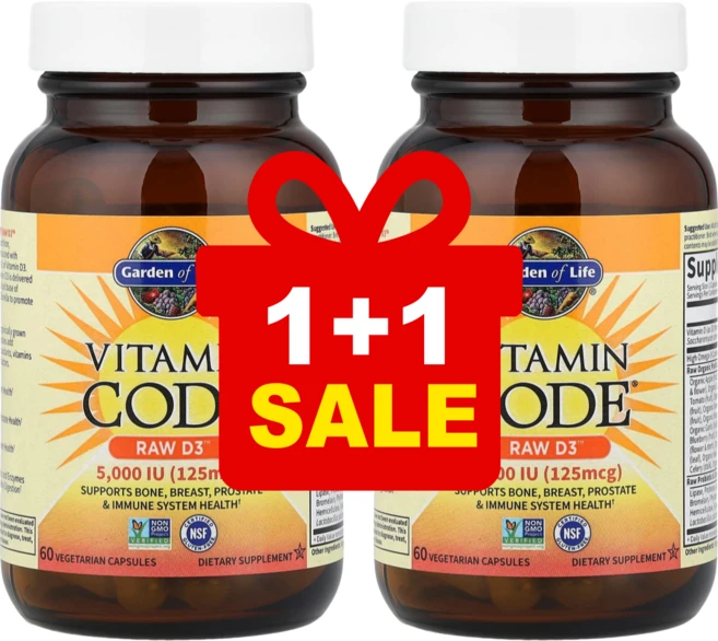 1+1 가든오브라이프 비타민 코드 D3 무가공 2000IU 식물성 캡슐 60정 2통, 2개 - 쿠팡