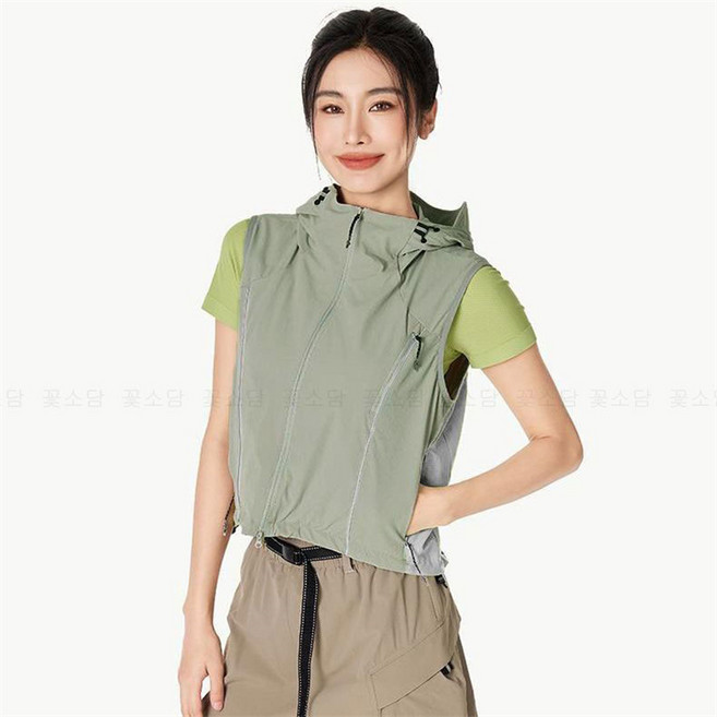꽃소담 여자 여름 경량 크롭 등산조끼 키작녀 퀵드라인 후드 숏 바람막이 조끼 HXY26A840