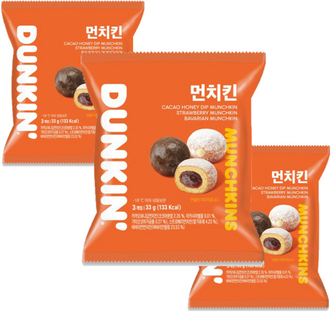던킨도너츠 먼치킨 미니도넛 세트 33g x 6개 (딸기 바바리안 카카오허니 3개입) 냉동