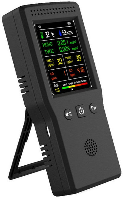 온도 공기 CO2 PM2 HCHO PM10 다기능 습도 모니터 디지털 LCD IN AQI CO 감지기 TVOC, BLACK, 1개, Bla