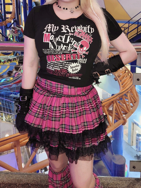 갸루 펑크 레터링 블랙핑크 해골 반팔T