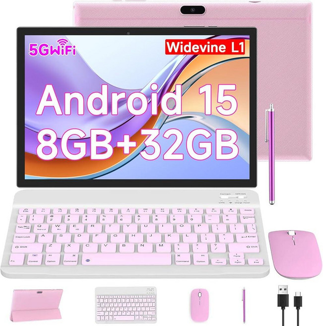 10인치 안드로이드 15 태블릿 키보드/마우스/케이스/스타일러스가 있는 2 in 1 태블릿 8GB RAM+32GB ROM/1TB 확장 1.8Ghz 쿼드 코어 프로세서 1, Pink