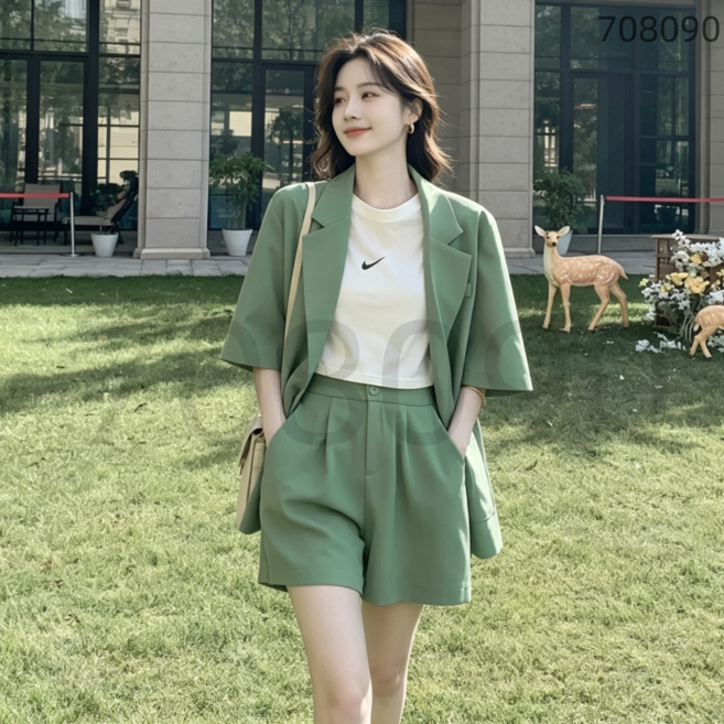708090 여성용 캐주얼 반바지 투피스 세트 여름 정장 세트 오피스룩