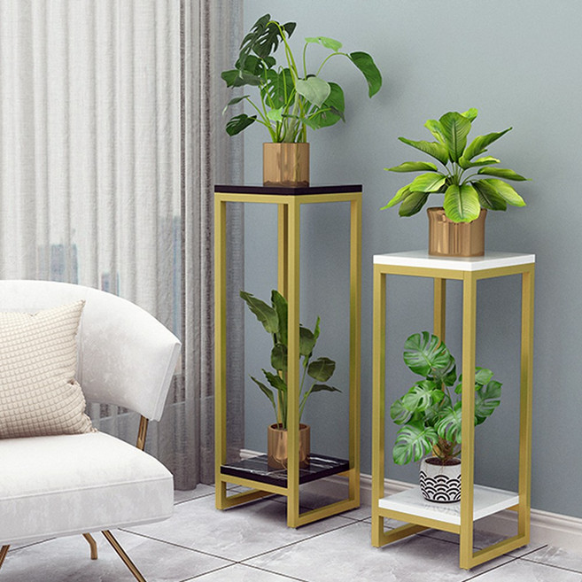 모칸도 사각 화분진열대 다용도 받침대 선반 화분 철재 골드 블랙 화이트, 2단, 골드&상판블랙