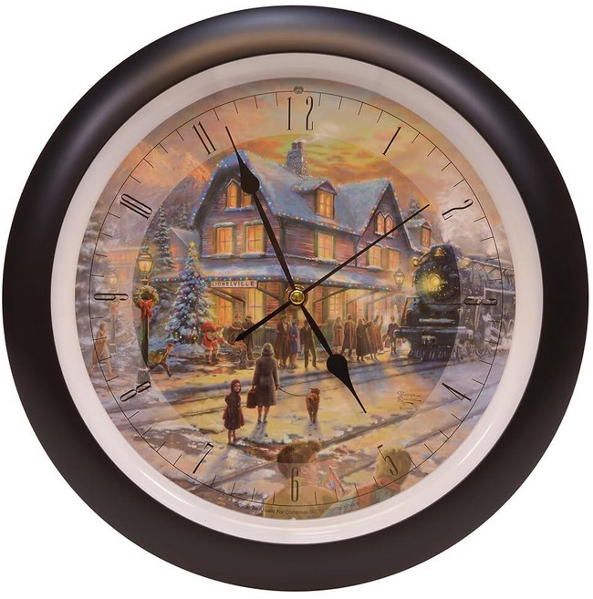 Mark Feldstein & Associates Thomas Kinkade 올 어보드 크리스마스 홀리데이 사운드 벽시계 33cm(13인치) 블랙 캐롤 12개 재생, Mark Feldstein & Associates Th