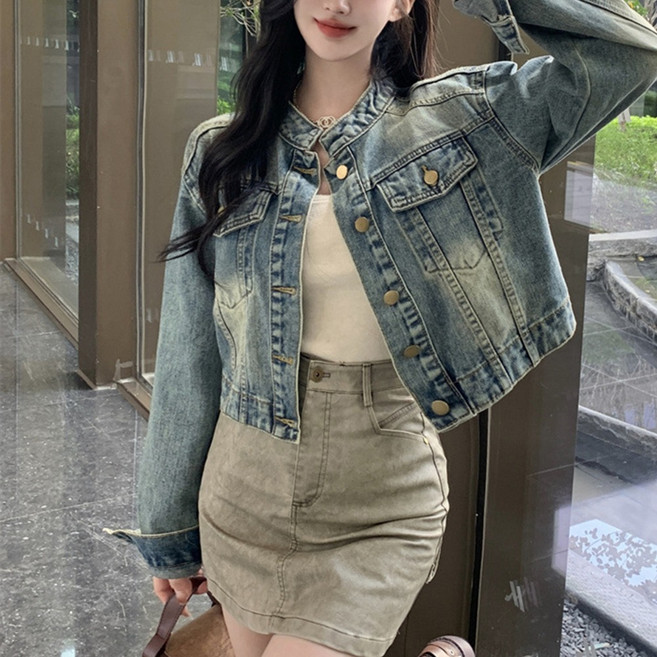 cammello Y2K 빈티지 워싱 차이나카라 데님 라이더 자켓 봄가을 아우터