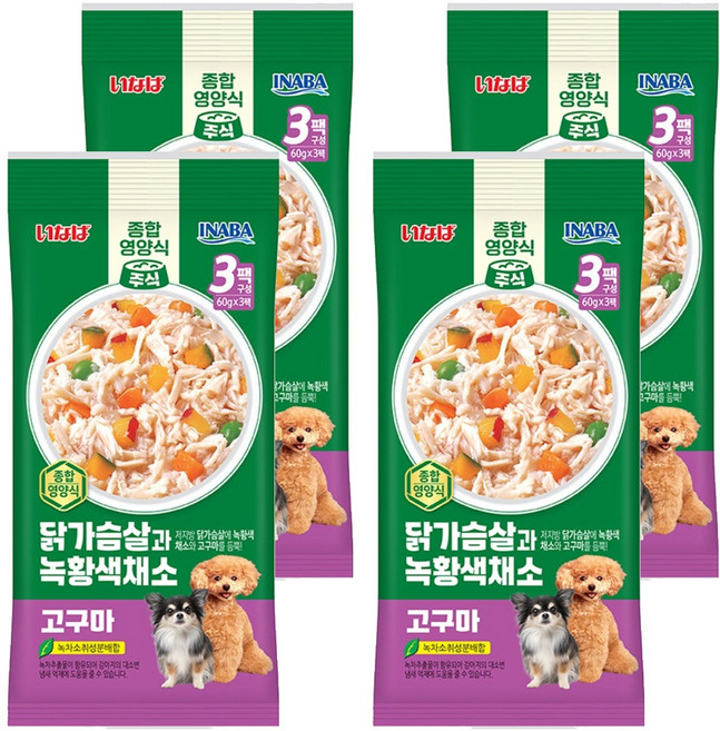 이나바 강아지 닭가슴살과 녹황색채소 파우치 QDR-141, 혼합맛(닭가슴살/채소/고구마), 180g, 4개