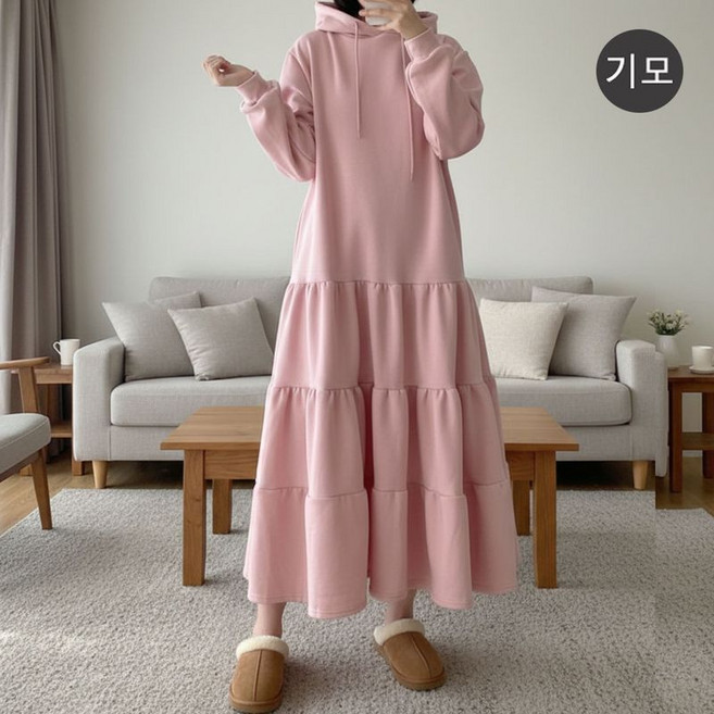 보리맘 빵빵한 기모 후드 캉캉 롱 원피스 빅사이즈 여성 겨울 티어드 임부복