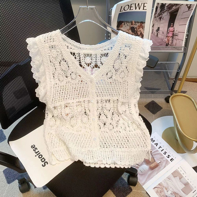 지고다그 여성용 여름용 레이스 니트 브이넥 민소매 아우터 숄더프릴 플라워 펀칭 통기성 상의 GJX2371