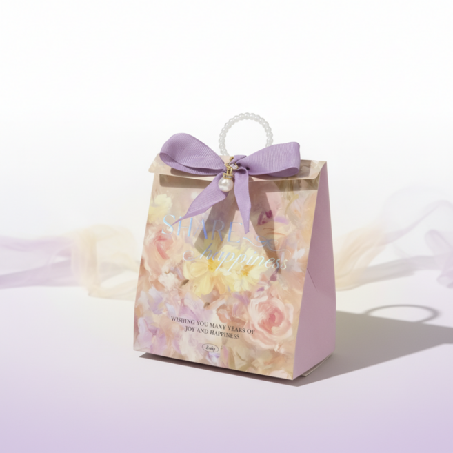 수달몽 고급스러운 진주링 리본 장식 포장 상자 답례품 선물상자 구디백 10P, 10개, 퍼플