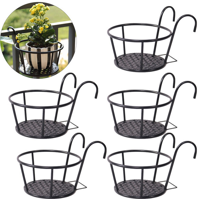 철제 원형 창틀 화분걸이대 5개세트 발코니 난간 유럽풍 걸이형 화분 바구니 꽃 원형 철재화분 걸이 베란다 식물 정리대 진열대, 5개, 블랙