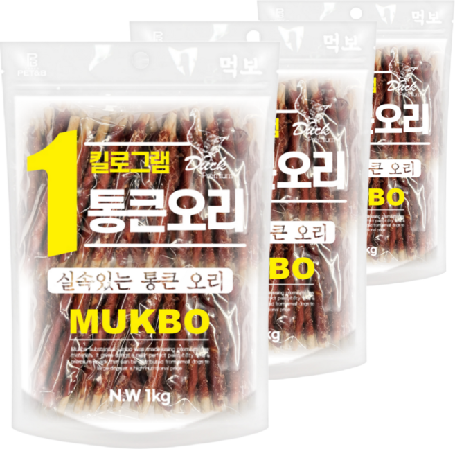 먹보 강아지 대용량 실속 상품 치킨 오리 육포 간식, 3개, 1kg, 오리껌스틱