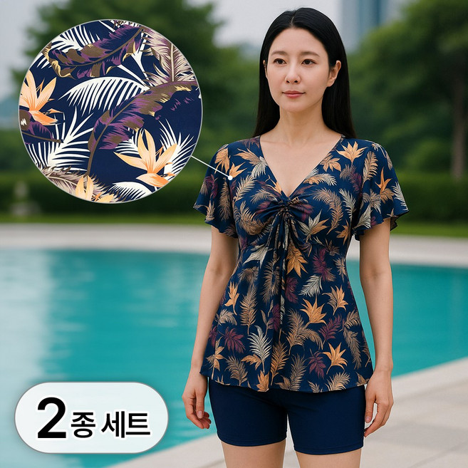 바닐라마카롱 2종 세트 루즈핏 플라워 원피스 수영복 중년 여성 빅사이즈 스윔웨어 체형커버 셔링 리본 모노키니 여름 수영장 바다 전용 패드 + 밴딩 반바지 포함, M, 1세트, R98673A(블루