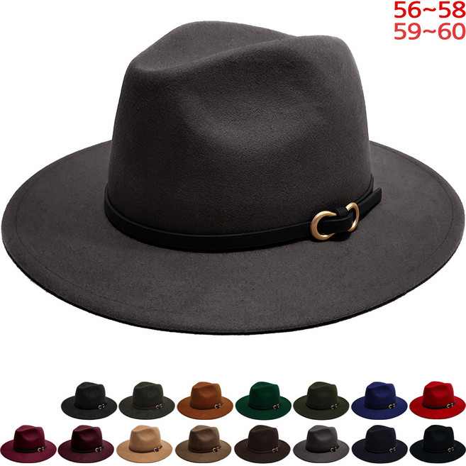 이럭셔리클럽 100% 양모 펠트 평챙 (7cm 챙) 가죽띠 골드스틸 울 중절모 페도라 햇 겨울 모자 남녀공용-CAP241033