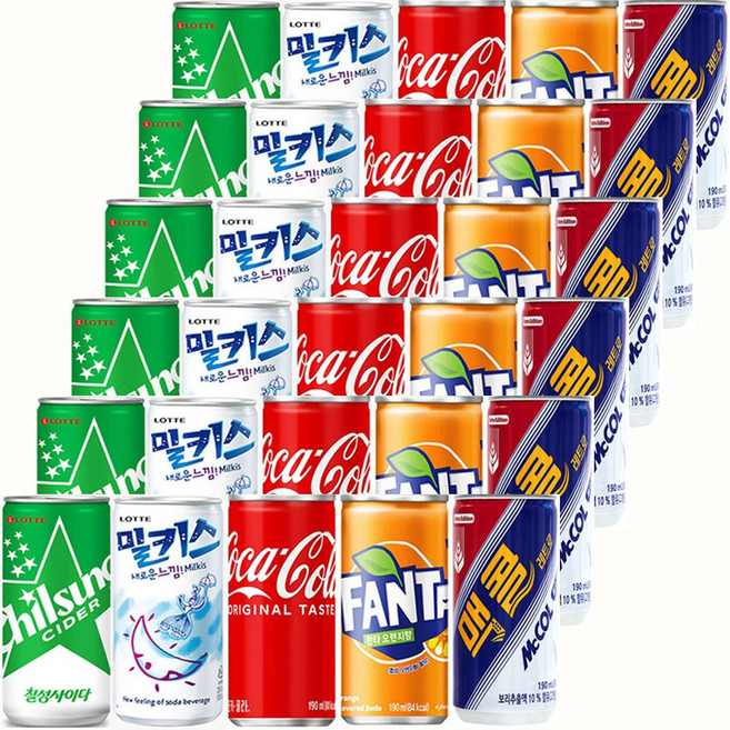 탄산음료세트 코카콜라 환타오렌지 칠성사이다 밀키스 맥콜 5가지맛 각6캔씩 190ml 30캔, 30개