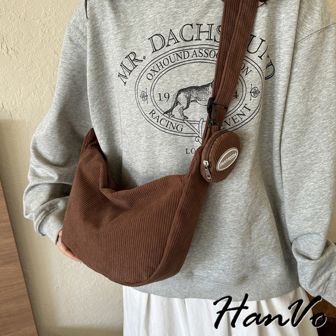 HanVo 簡約大容量燈芯絨餃子包 韓系單肩母子包 上課上班 C05-1084