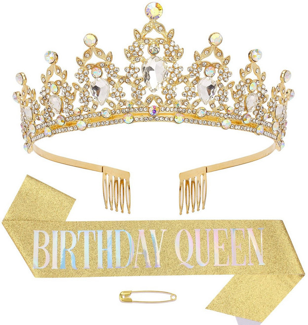 블루밍가든 결혼식 보석 다이아 왕관 티아라 & 어깨띠, 골드