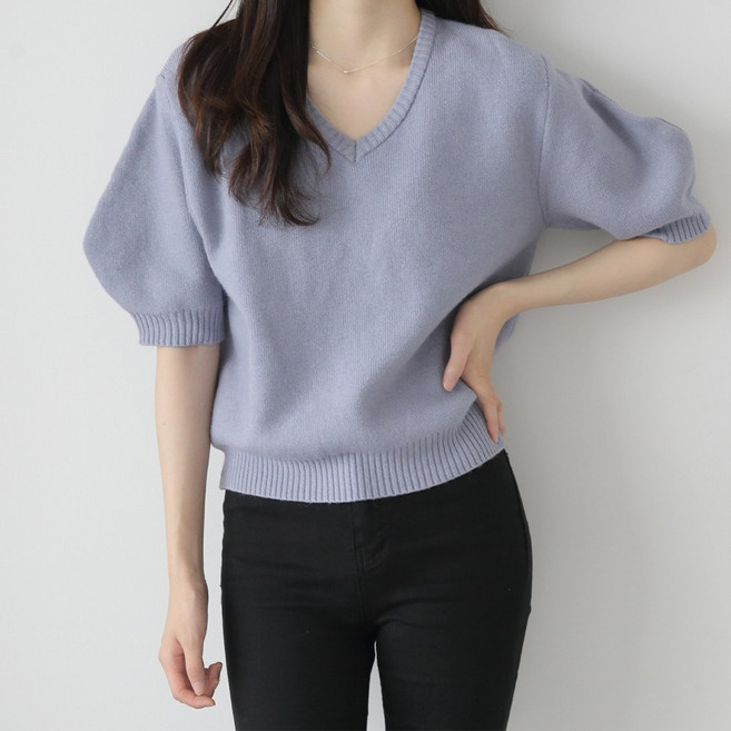 제니트 여성 코지 무드 보들보들 볼륨 벌룬소매 브이넥 반팔 니트웨어