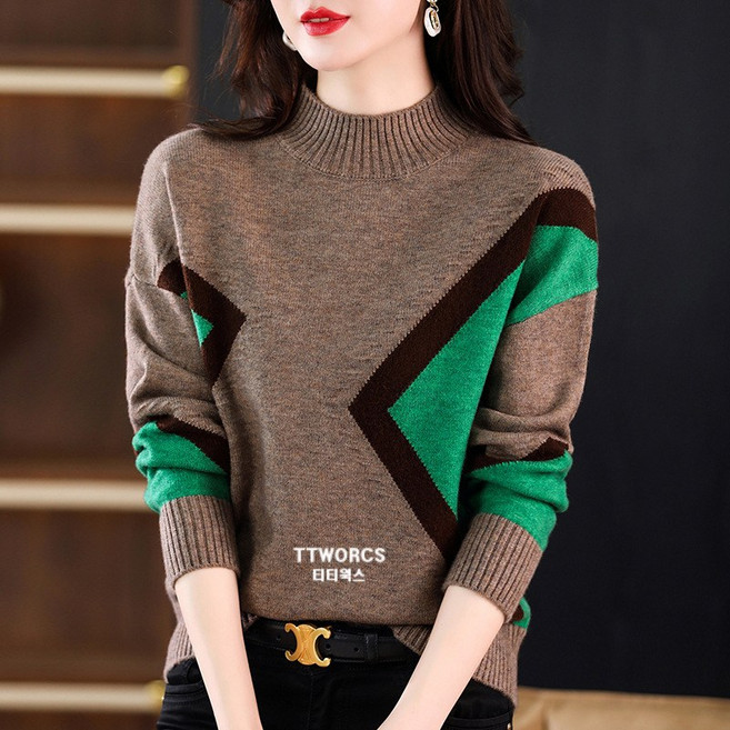 티티웍스 여성 하프넥 배색 반목 니트