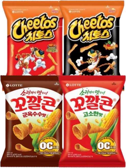 롯데 꼬깔콘 군옥수수맛 40g 1 고소한맛 40g 1 치토스 매콤달콤한맛 54g 1 스모키바베큐맛 54g 1 4번들, 1세트, 188g