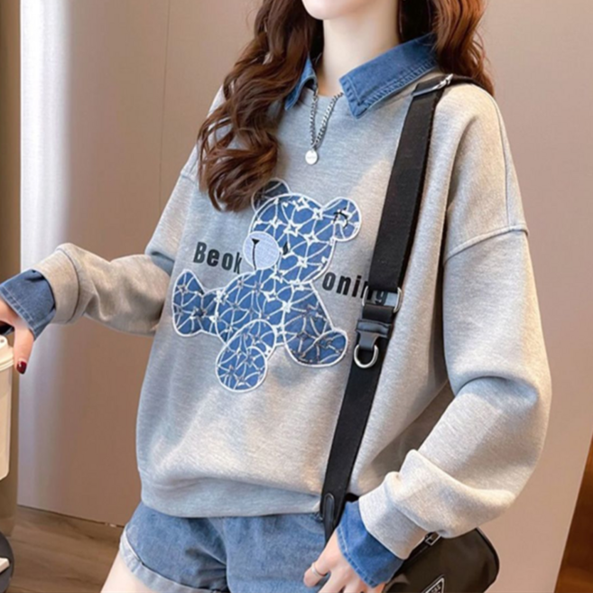 TKX 카라넥 맨투맨 여성용 귀여운 곰돌이 자수 가을 겨울 캐주얼 긴팔 티셔츠 맨투맨오버핏 K89