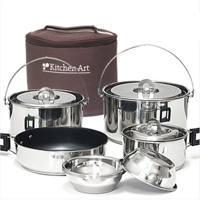 국산 캠핑용 스텐 304 코펠 세트 9P 국내생산 캠핑 스테인레스 소형 그릇 식기 SET 통3중 라면 찌게 냄비 3인 4인 낚시용 차박 스텐레스 캠핑용품, 1개