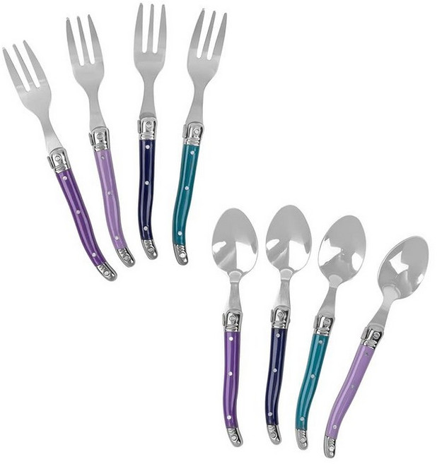 French Home 8피스 라귀올 디저트/칵테일 스푼 및 포크 세트 - 플럼 로즈, Plum Rose