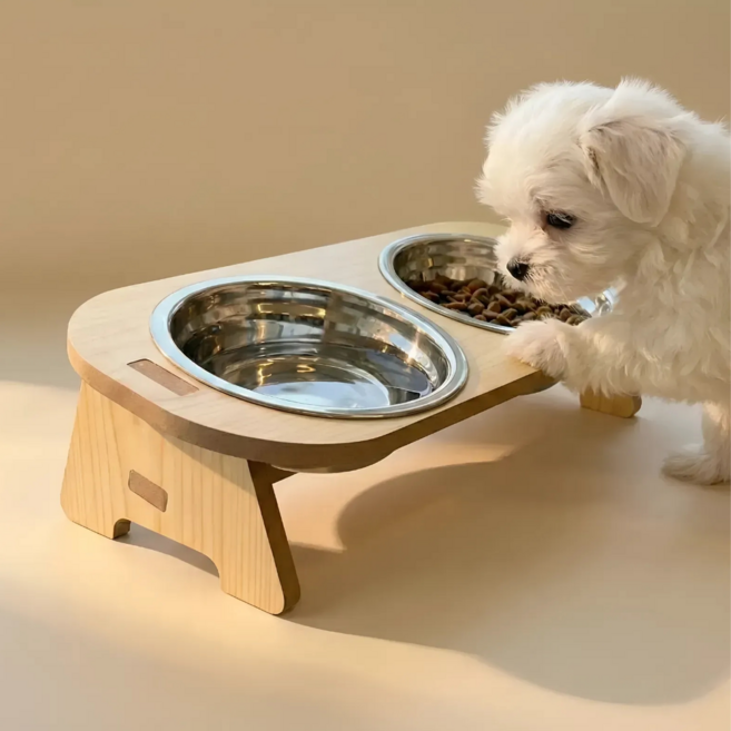 강아지밥그릇 강아지 고양이 물그릇 스텐밥그릇 2구 식기, 1개, 우드