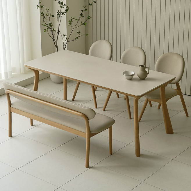 칼레 6인용 원목 포세린 세라믹 식탁 세트 1800 벤치형(의자3+벤치1), 쿠키