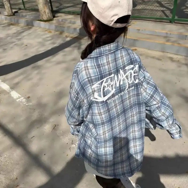美式撞色藍黃格子襯衫 寬鬆休閒遮肉上衣
