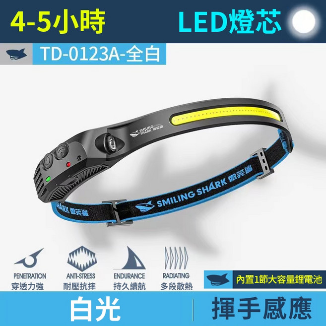 微笑鯊 TD0123 輕量化感應頭燈 白黃光, 白光, 1個
