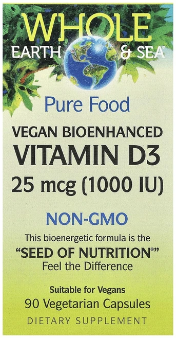 Natural Factors Whole Earth & Sea 식물성 생체 활성 강화 비타민D3 25mcg(1000IU) 베지 캡슐 90정, NaturalFactorsWholeEarthSea식물성, 1개 - 쿠팡
