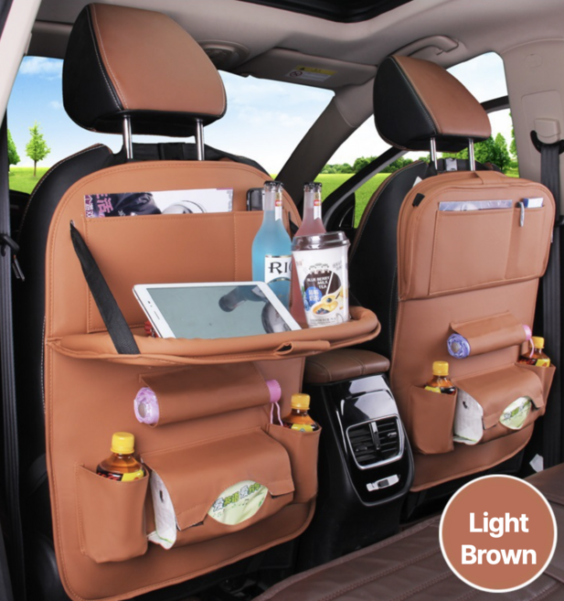 HS바자 차량용 뒷자석 가죽 접이식 수납 테이블 킥커버 매트, 브라운, 1개