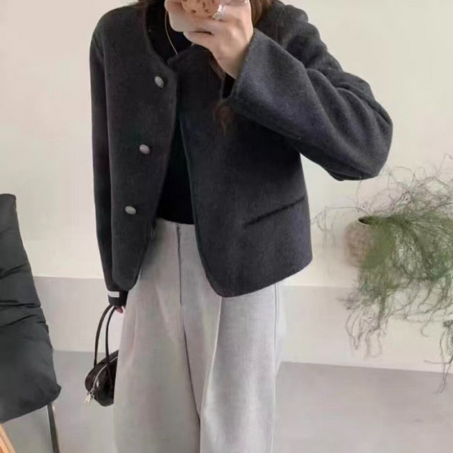 女款圓領短版毛呢外套 秋冬寬鬆休閒夾克