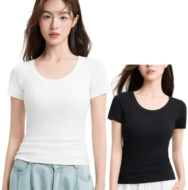 1+1여성 고탄력 U넥 골지 반팔티 슬림핏 여름 기본 티셔츠