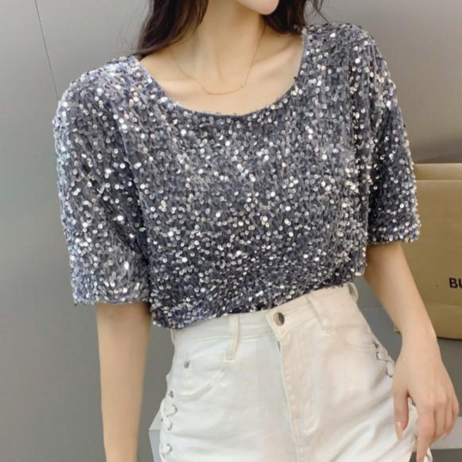 히또리 반짝이 스팽글 라운드넥 반팔 티셔츠