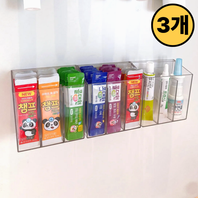 꿀하우스 다용도 접착식 3칸 수납함, 투명, 3개