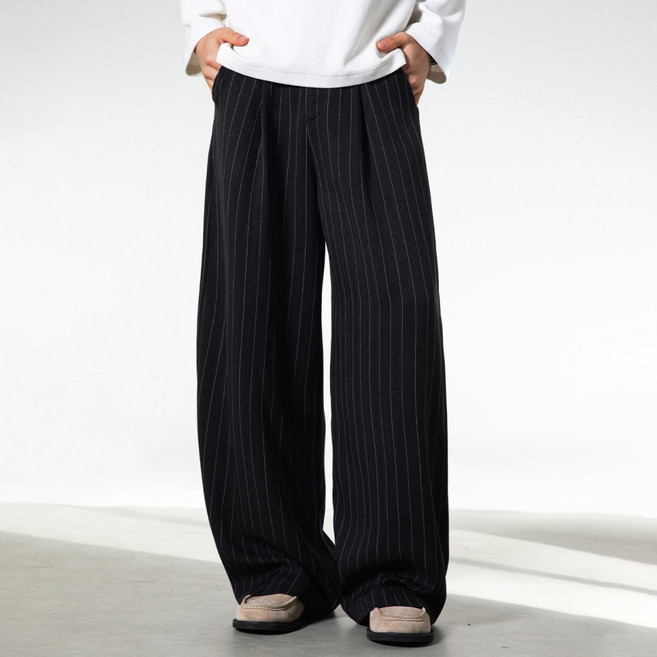 남자 스트라이프 슬랙스 사계절 루즈핏 와이드 일자 팬츠 고급 캐주얼 올드머니룩 바지