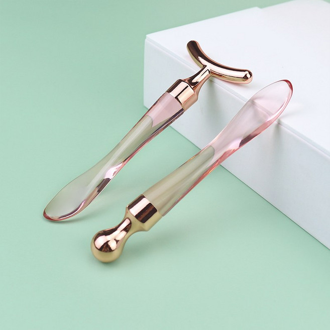 눈괄사 마사지스틱 2종 스파츌라 겸용 아이 마사지 T자형, 투명핑크, 1개