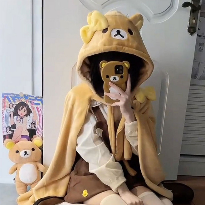 무드바이브 따듯한 극세사 리락쿠마 곰돌이 후드 담요 어깨 이불 차량 밍크 무릎 캐릭터 겨울 크리스마스 캠핑 이불 선물 추천
