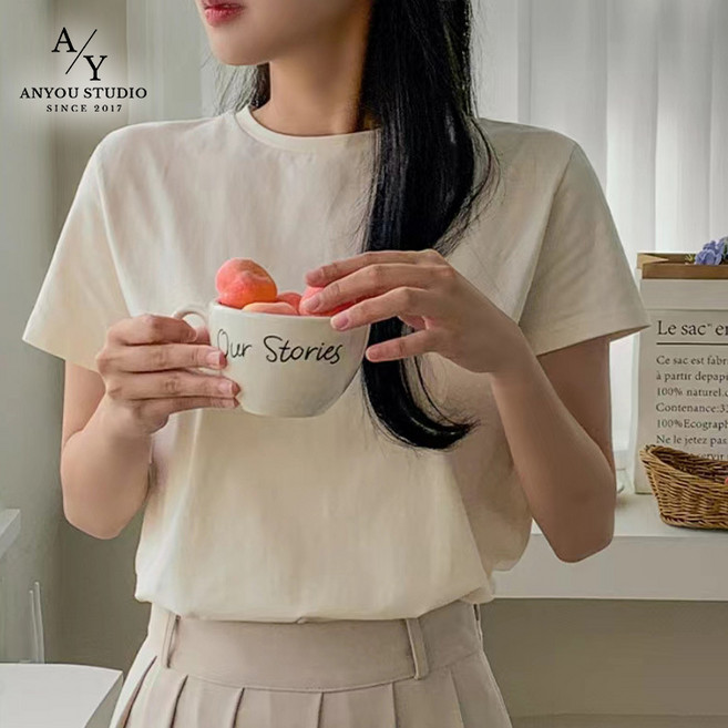 ANYOU 여성 편안한 순면 라운드넥 베이직 반팔 티셔츠 데일리 캐주얼