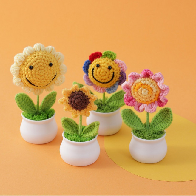 스마일 해바라기 뜨개꽃 화분 시들지않는꽃 미니 화분 개업식 집들이 선물 인테리어 조화 식물, 1개
