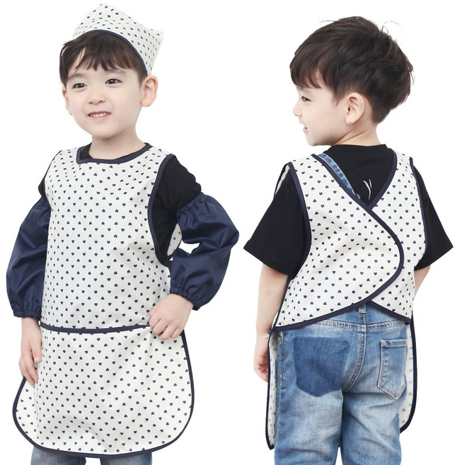 아동용 방수 앞치마두건토시세트, 크림곤색하트