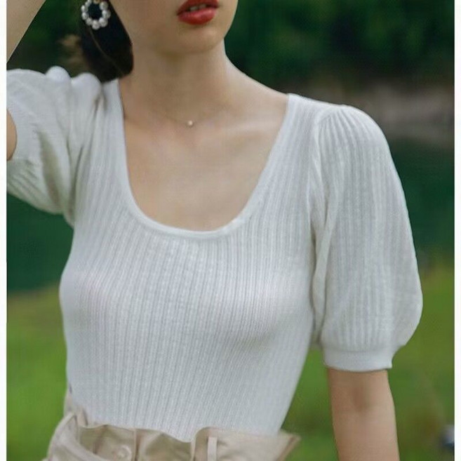 라오농 여성용 여름 숏 니트 반팔 스퀘어넥 얇은 아이스 퍼프 티셔츠 24A06J