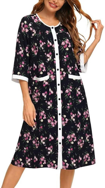 YOZLY Cotton House Dress for Women 3/4 Sleeve House Coats Dusters Robe Moomoo Nightgowns with Pock, Flower Black