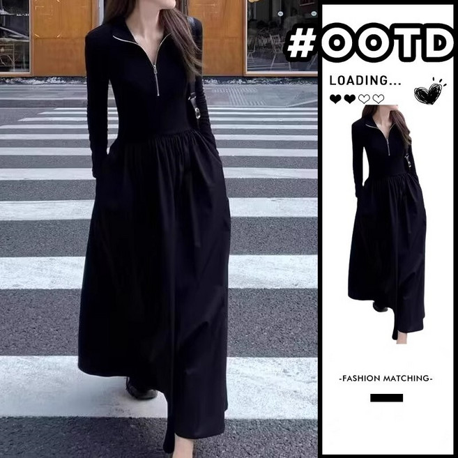 ANYOU 니트 롱 원피스 가을 겨울 프렌치 스타일 여성 긴팔 데일리