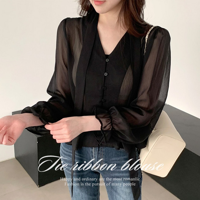 [순이] S.여성 타이 리본 시스루 셔링 블라우스