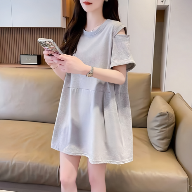 Makone 여성 오프숄더 슬림핏 반팔 미디 원피스 패션 트랜드 심플 루즈핏 데일리