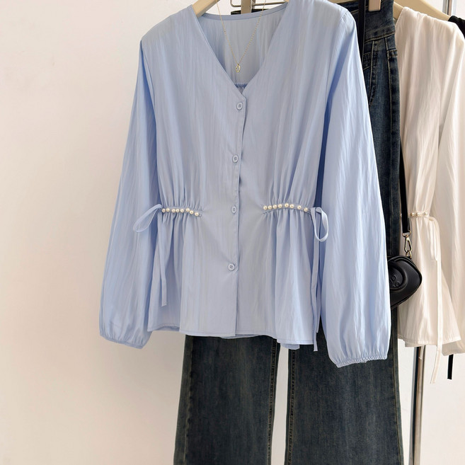 FINE ART 여성 브이넥 프릴 반팔 셔츠 밴딩 블라우스 얇은 남방 퍼프소매 티셔츠 빅사이즈 롱티 오버핏